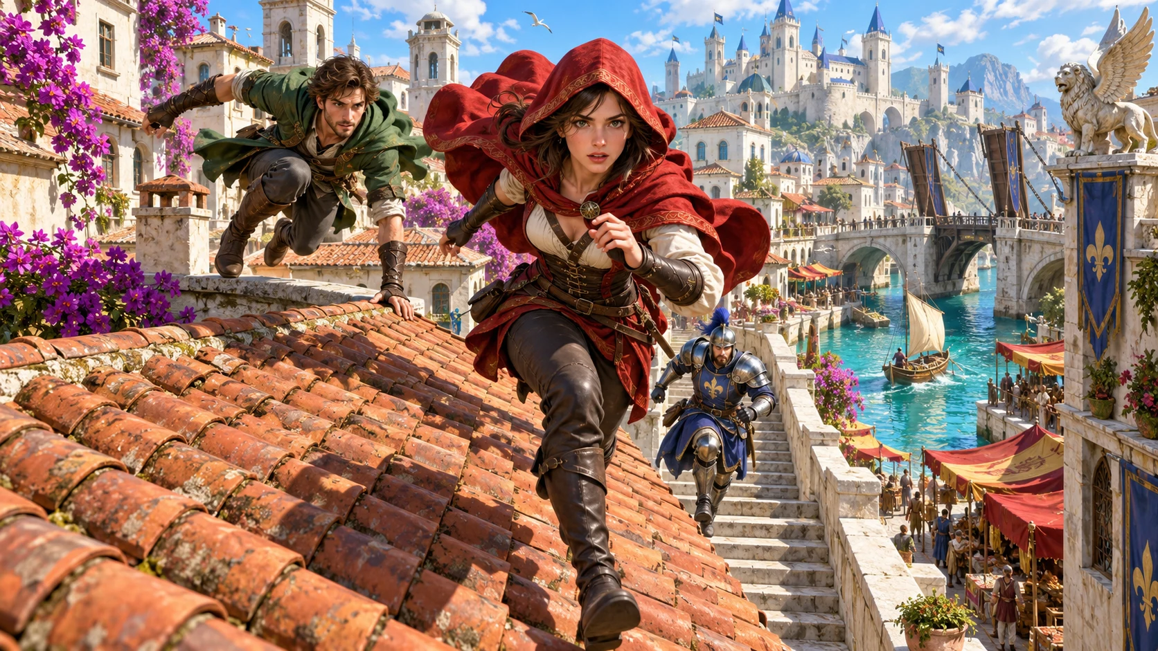 Adventurers run across tiled fantasy rooftops above a busy harbour while an armoured pursuer follows.
