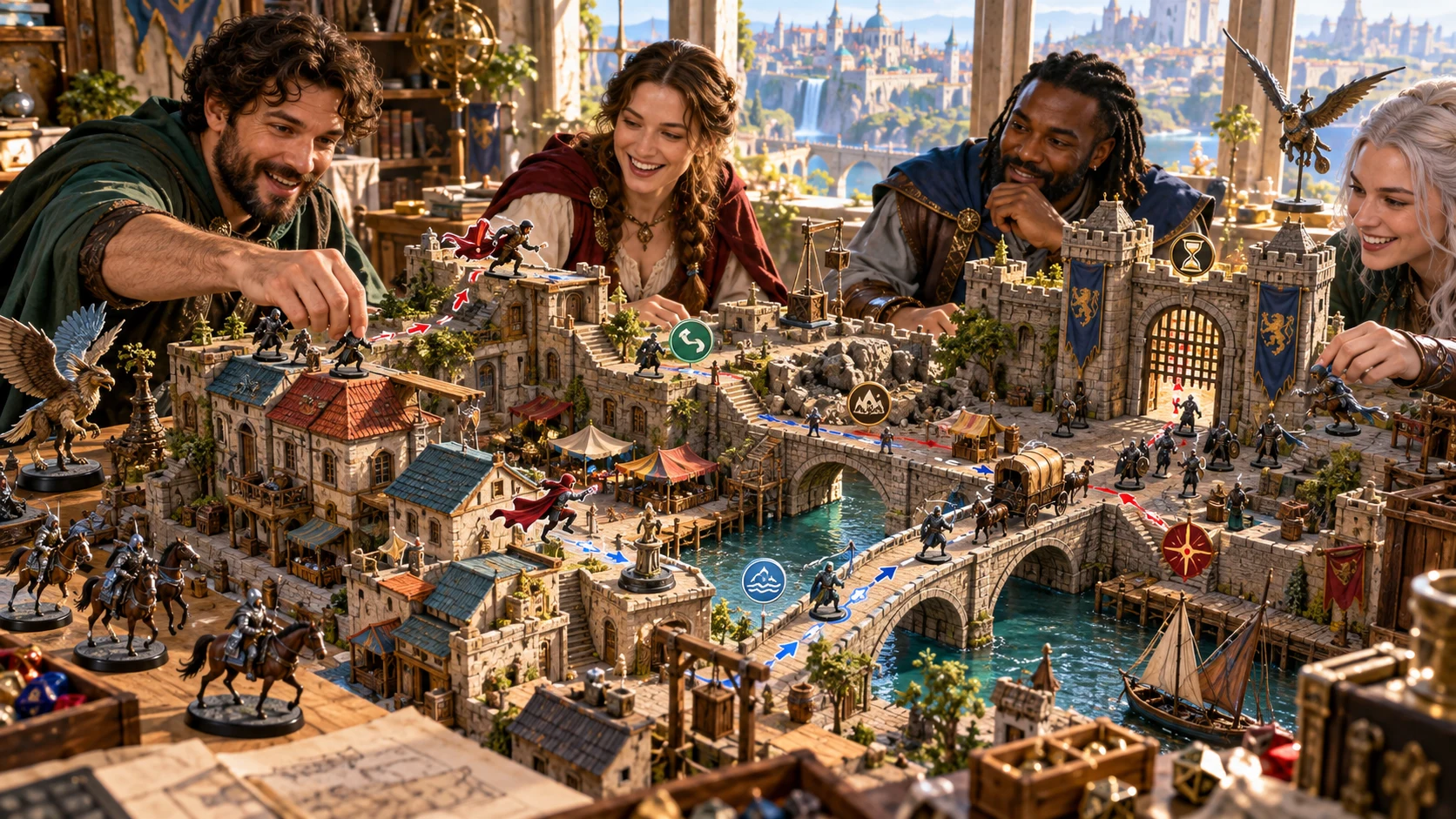 Companions plan branching pursuit routes through a miniature fantasy city with bridges, rooftops and mounted figures.